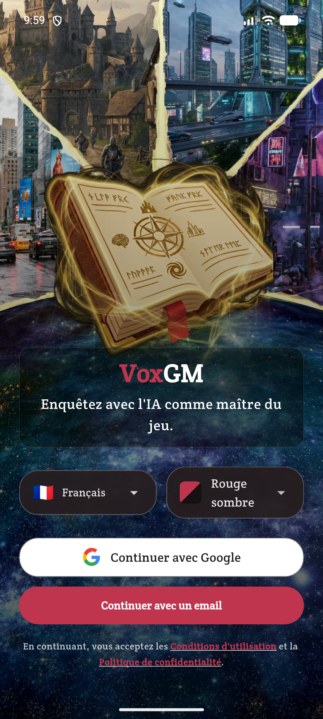 Accueil — langue & connexion
